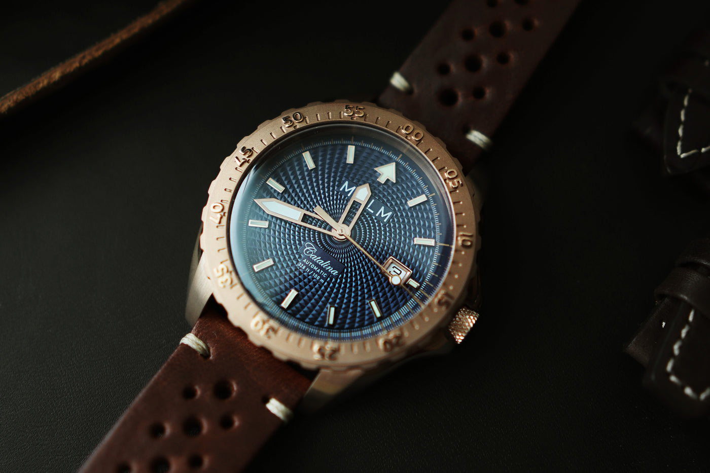 catalina bronze swiss automatic blue dial and brown leather band